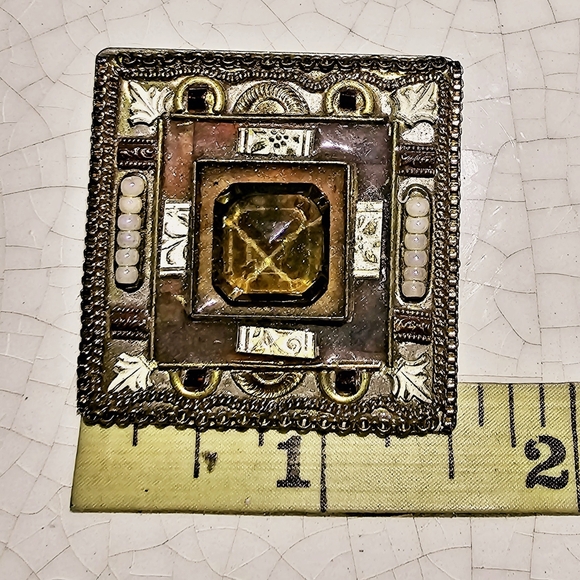 Modern art deco amber stone enameled brown square brooch luxury Egyptian Revival - Picture 6 of 6